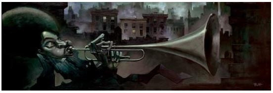Trumpet Man - 20x7 giclee on canvas - Justin Bua