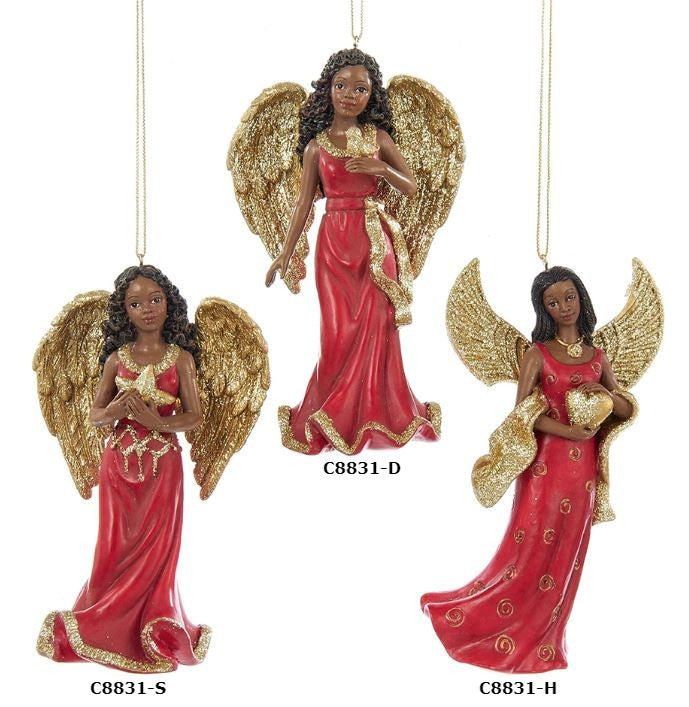African American Angel Ornaments - red gold