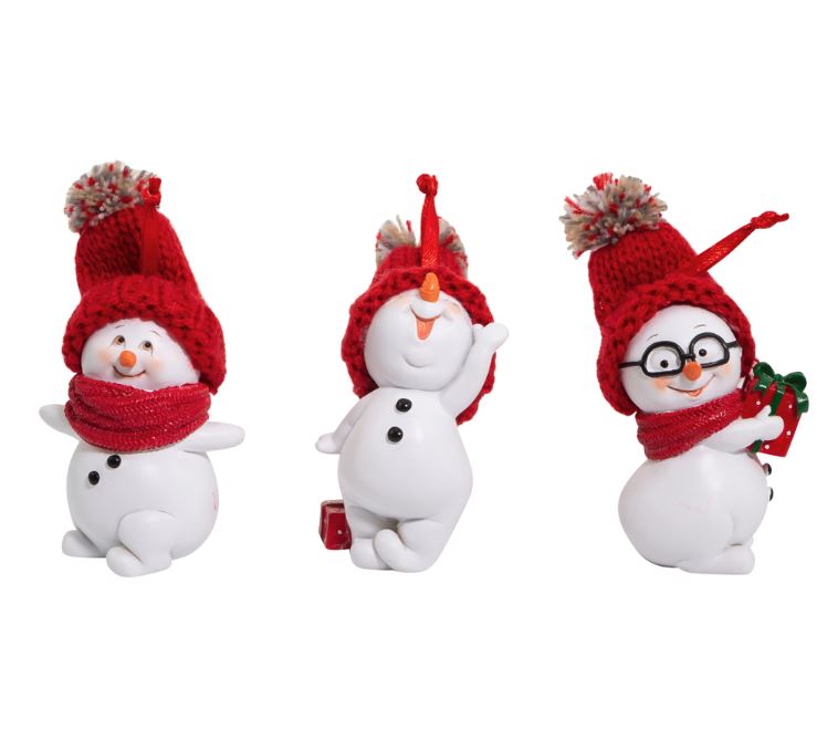 Snowmen With Red Knit Hat ornaments - set of 3