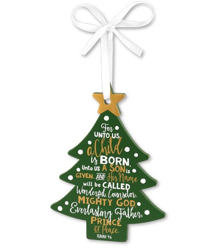 For Unto Us - green tree Christmas ornament