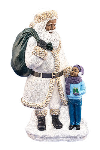 Santa Standing with little boy in white - resin figurine